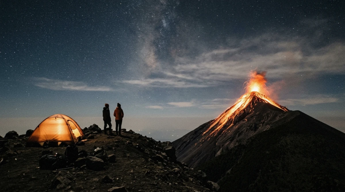Orange lava streaming down Volcán de Fuego at night seen from a base camp on an Acatenango volcano tour in Guatemala