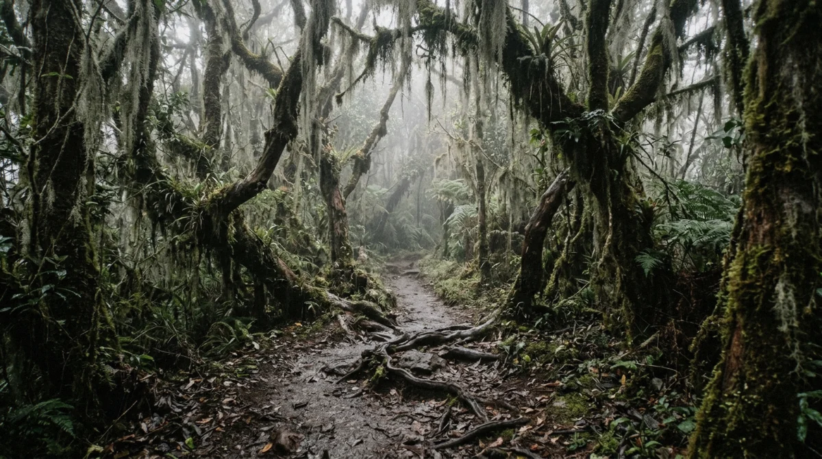 Moss-hung cloud forest trail on Acatenango where cloud cover cuts visibility on the route hikers without a guide would have to navigate alone