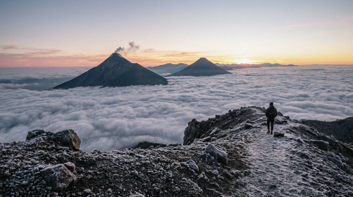 Sunrise over a sea of cloud with volcanic peaks from the summit crater rim on an Acatenango volcano tour, Guatemala