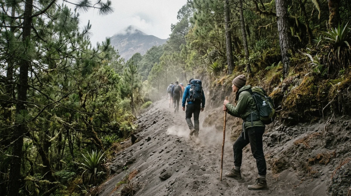 Hikers climbing the dusty upper trail in dry-season conditions on an Acatenango volcano tour above Antigua, Guatemala