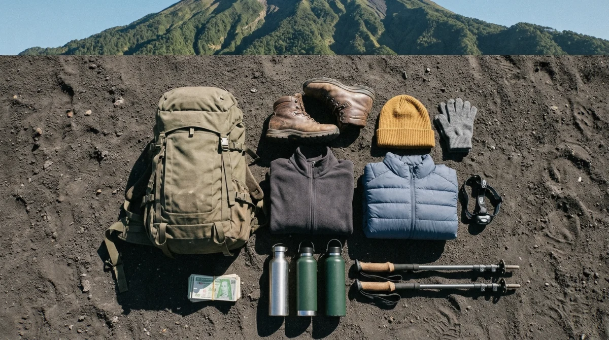 Warm layers, a headlamp and hiking boots laid out for an Acatenango packing list, next to a daypack ready for the volcano trail, Guatemala