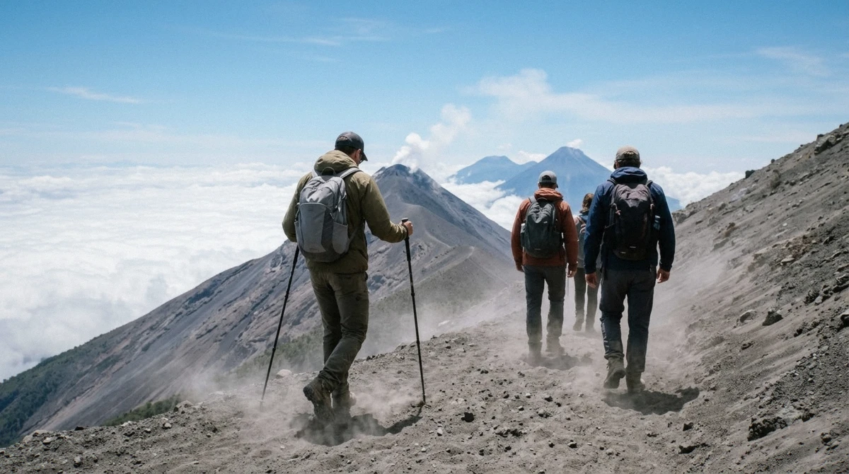 Hikers descending Acatenango in the morning light after correctly pacing the volcanic sand and altitude on their Acatenango volcano tour